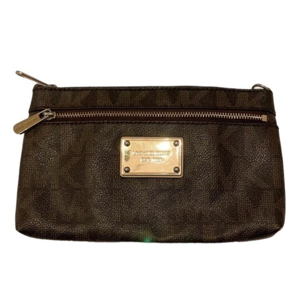 Michael Kors Brown Signature Monogram Wristlet Pouch Gold Hardware Wallet Clutch